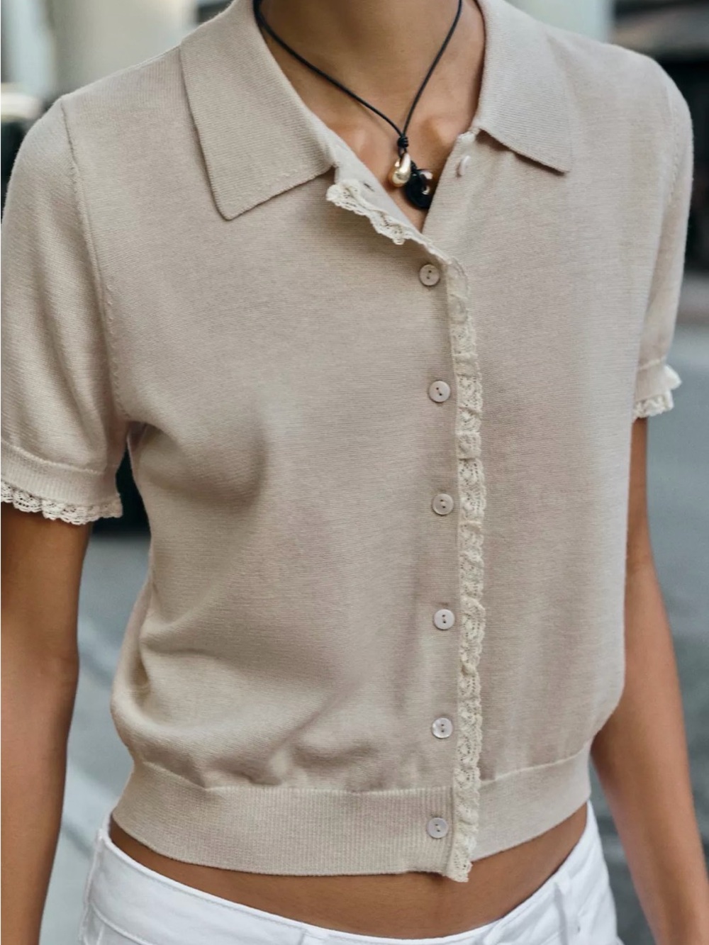 NEW 2026 ZARA Cream Polo-Collar Lace-Trim Knit Cardigan